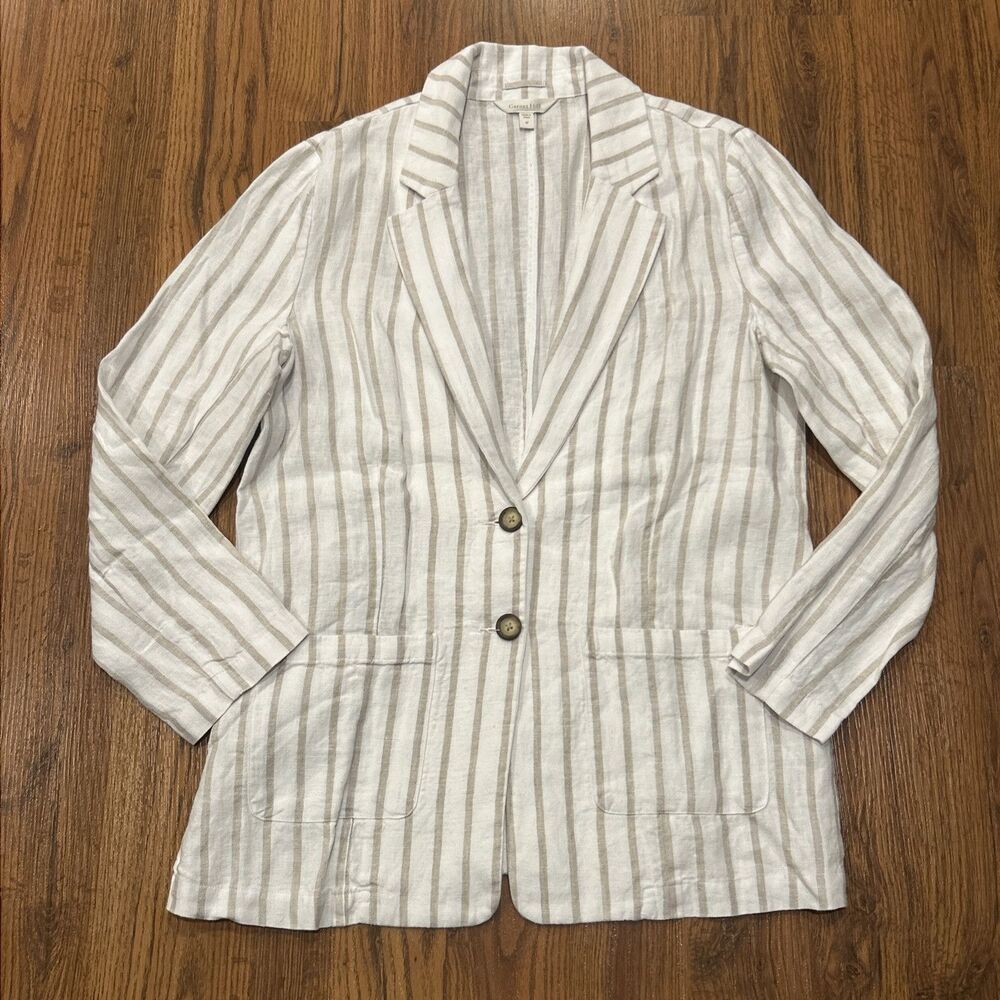 Garnet Hill Striped Linen Blazer Womens Medium Tan White Coastal Lightweight